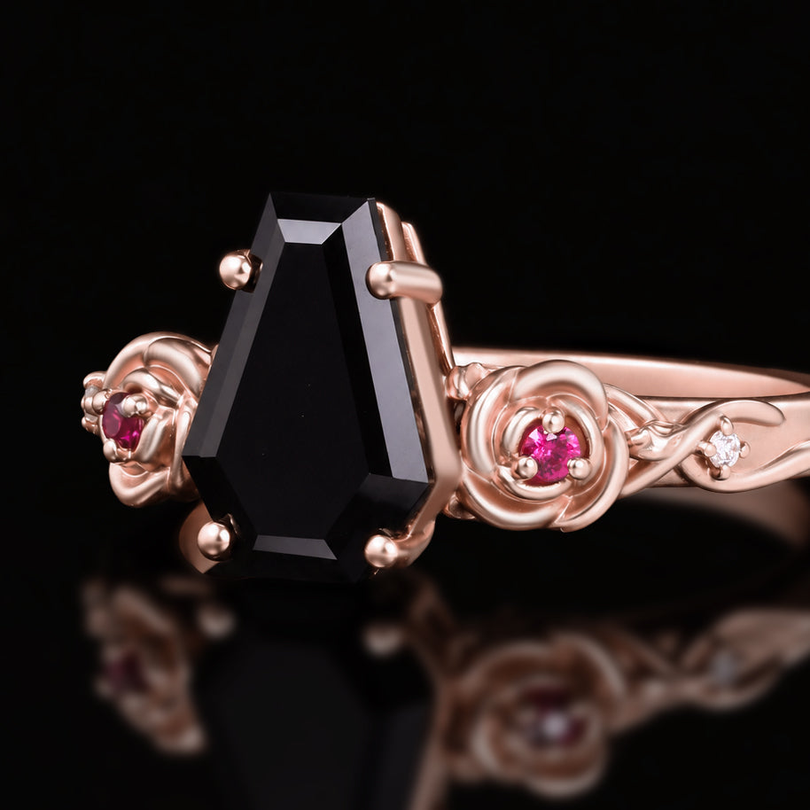 Coffin Cut Black Moissanite Gothic Rose Ring With Ruby Accents