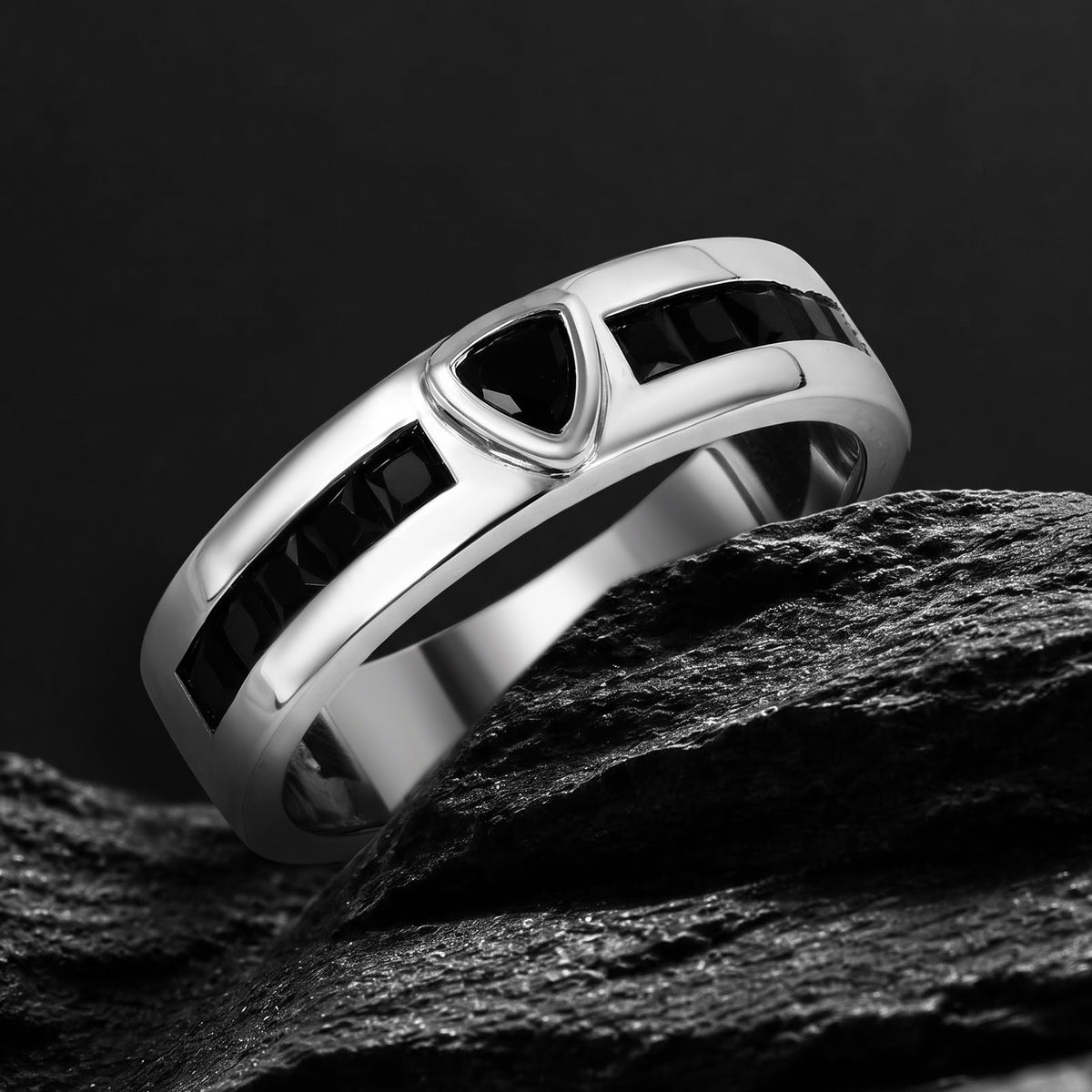 Trillion Cut Black Moissanite Knight’s Armor Band