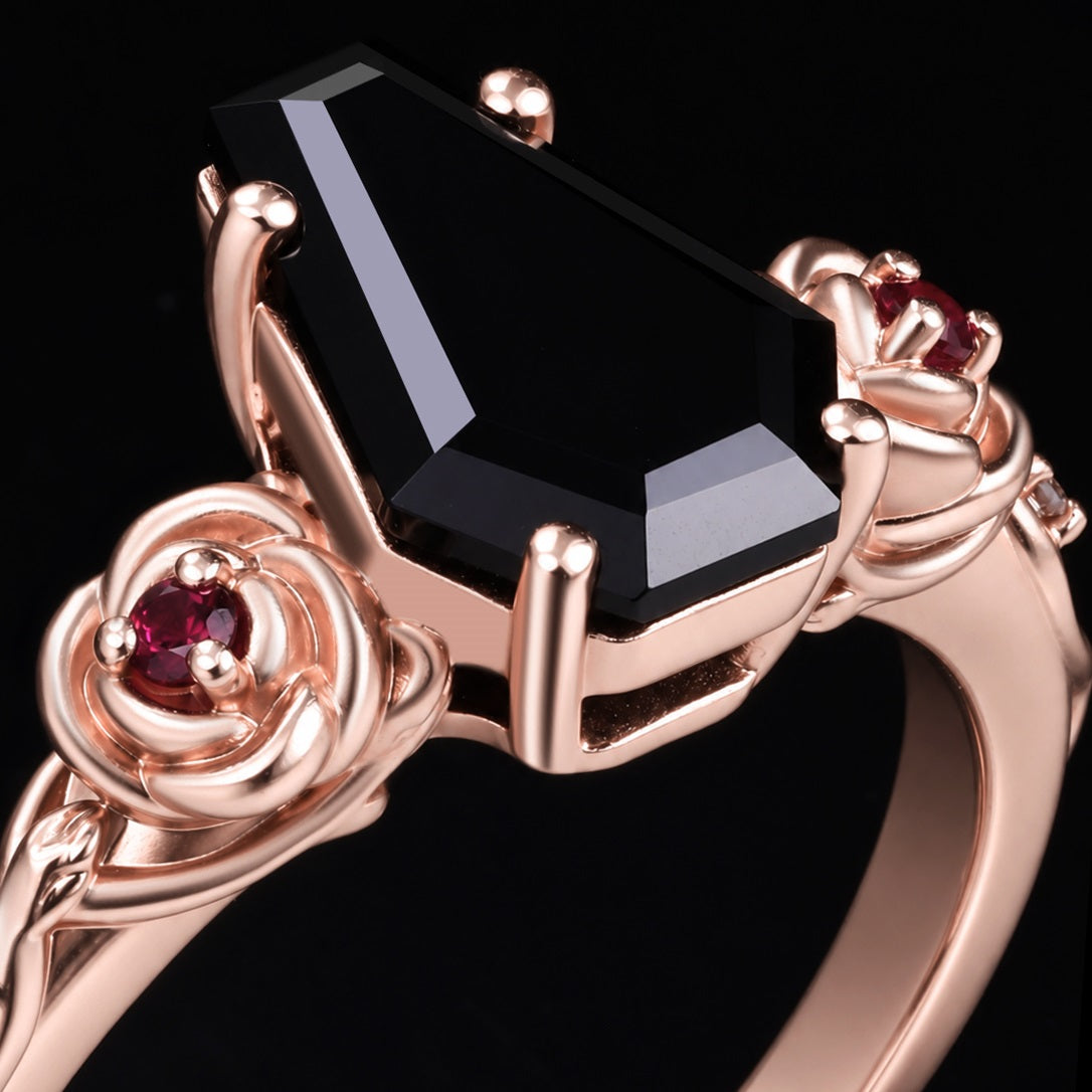 Coffin Cut Black Moissanite Gothic Rose Ring With Ruby Accents