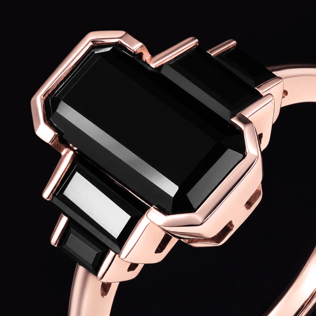 Emerald Cut Black Moissanite Art Deco Five Stone Ring