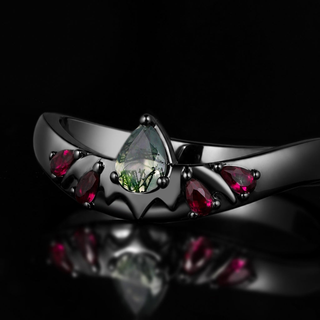 Pear Cut Moss Agate Bat Wing Gothic Band Ring with Ruby Accents