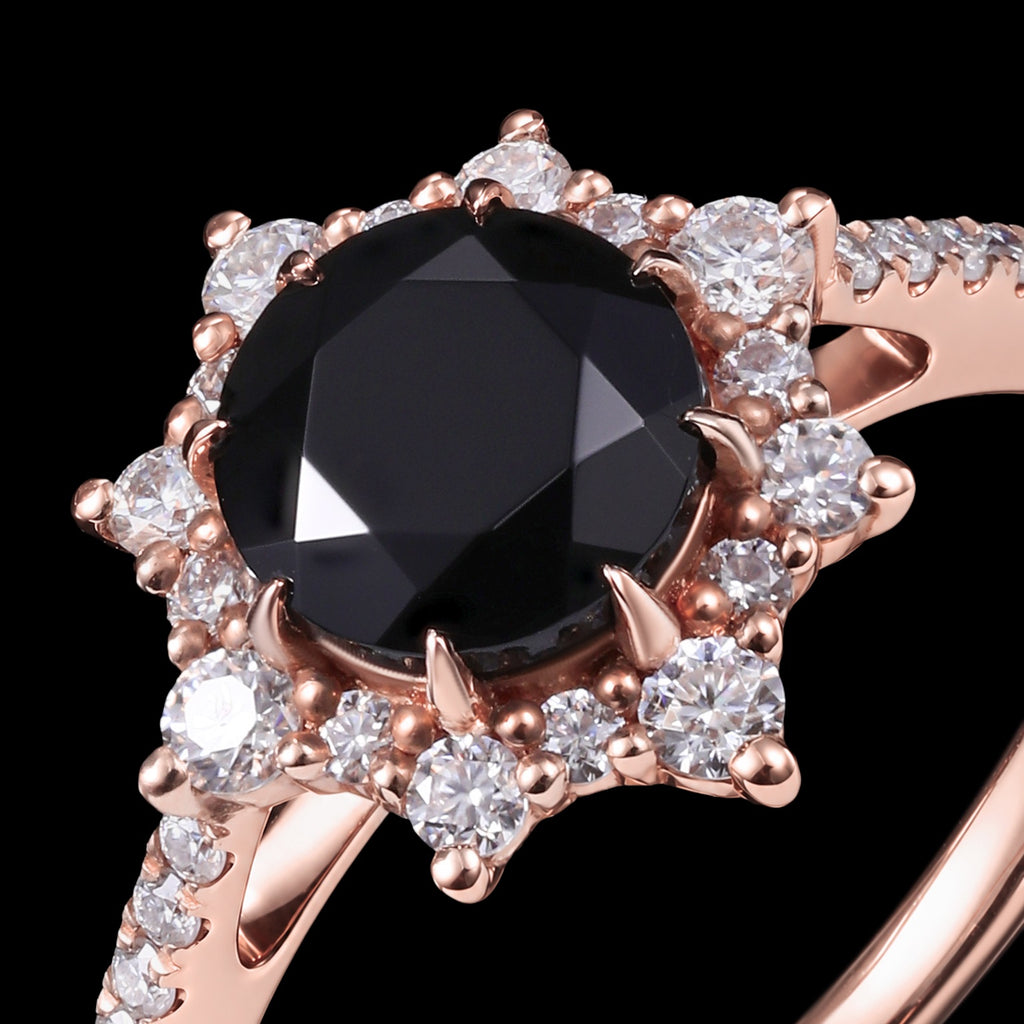 Round Cut Black Moissanite Crown Halo Ring
