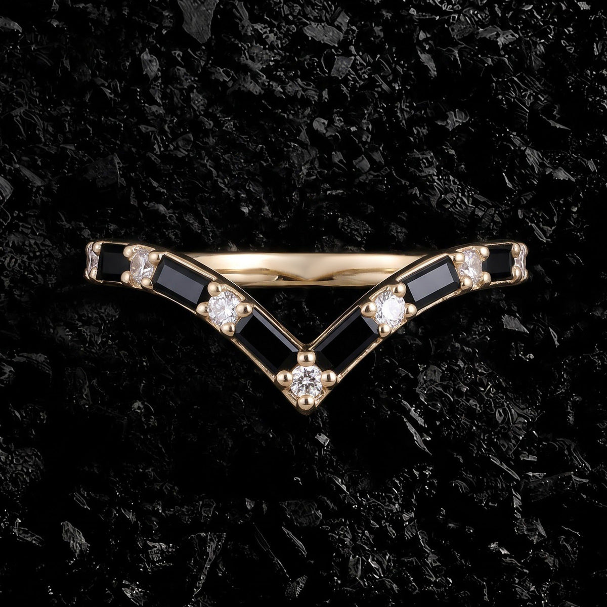 Baguette Cut Black Moissanite Chevron Curved Band with Lab Diamond Accents