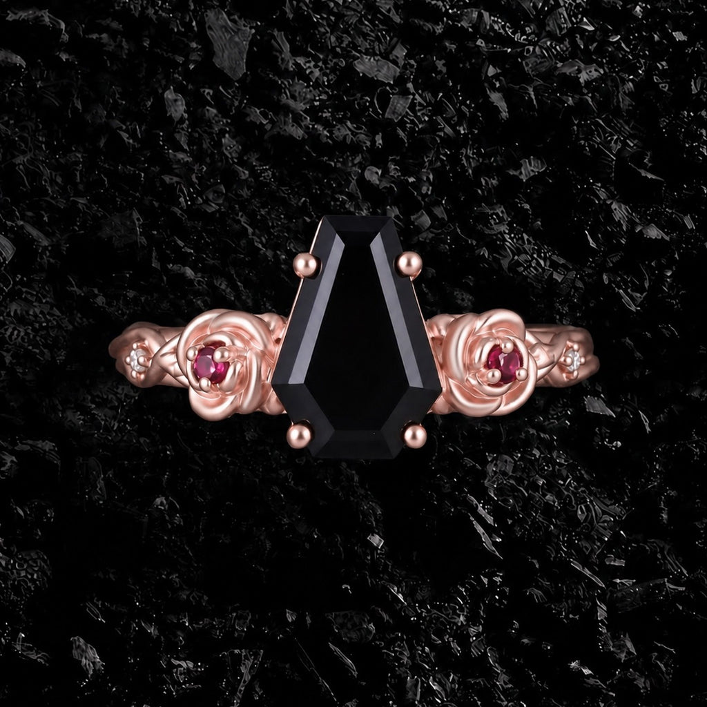 Coffin Cut Black Moissanite Gothic Rose Ring With Ruby Accents