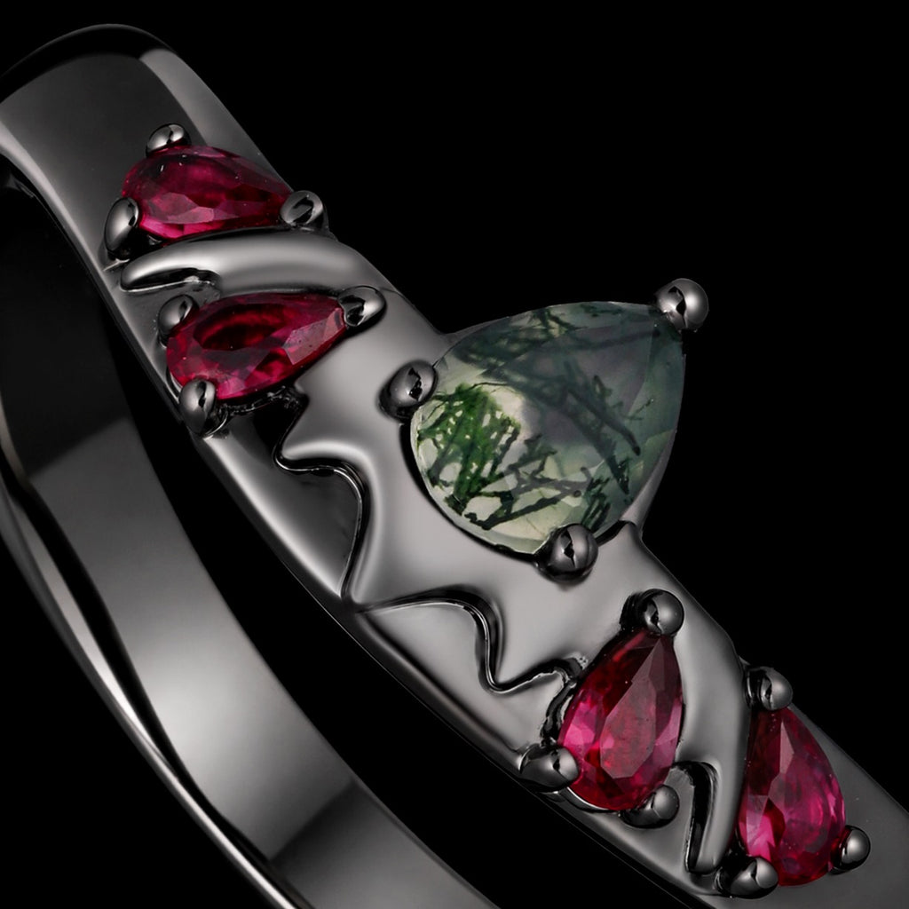 Pear Cut Moss Agate Bat Wing Gothic Band Ring with Ruby Accents