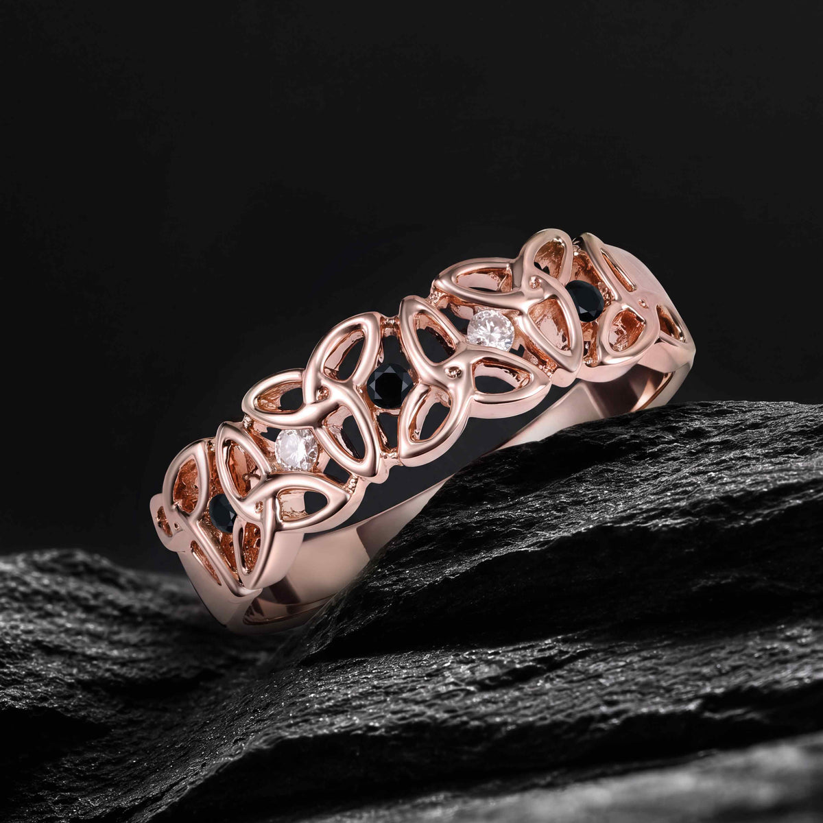 Eternal Celtic Knot Band Ring With Black Moissanite & Lab Diamond Accents