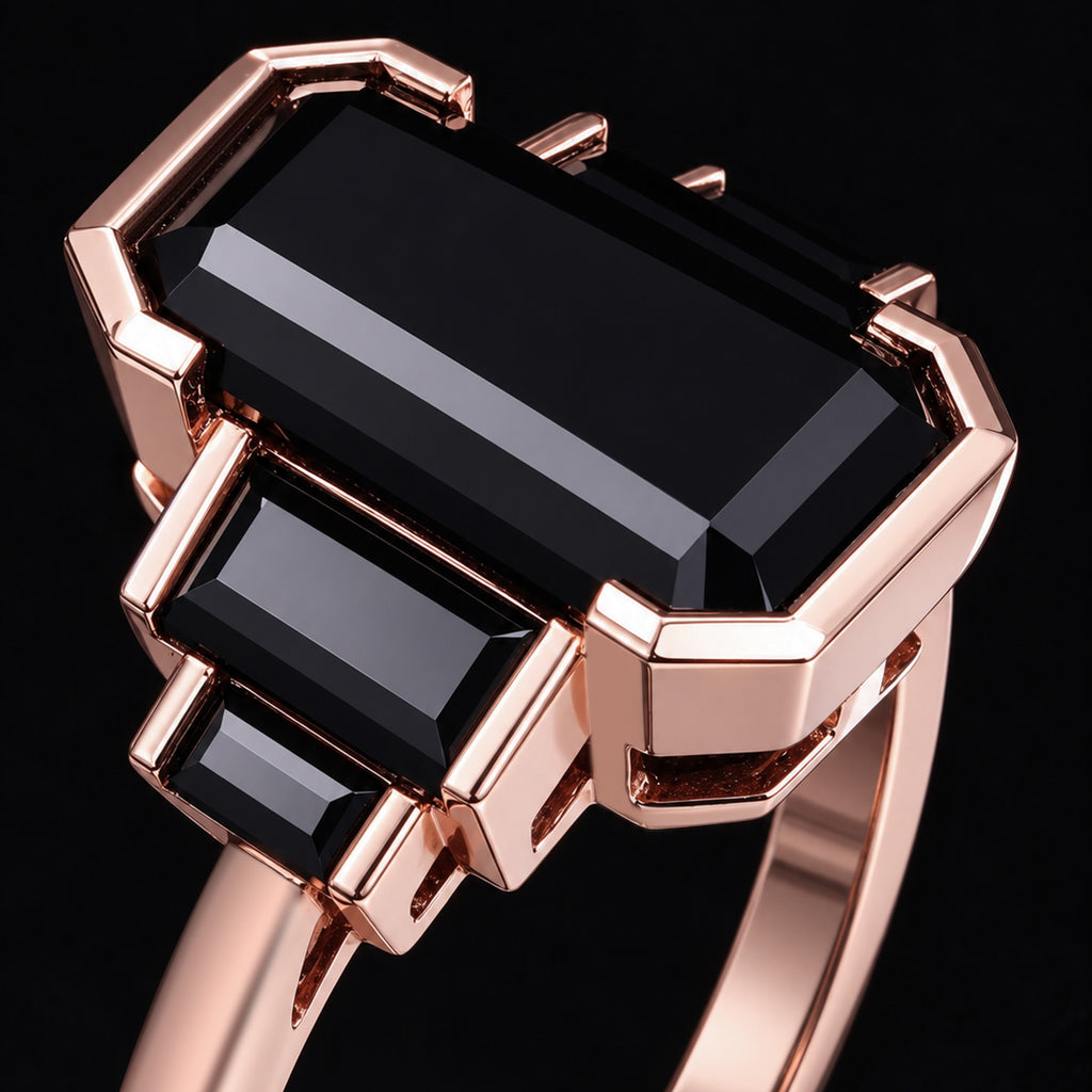 Emerald Cut Black Moissanite Art Deco Five Stone Ring