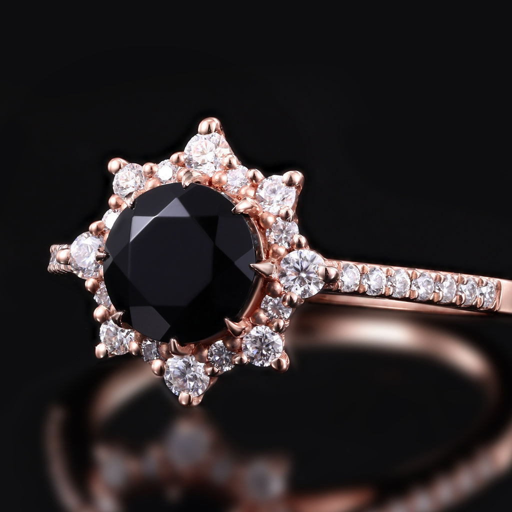 Round Cut Black Moissanite Crown Halo Ring