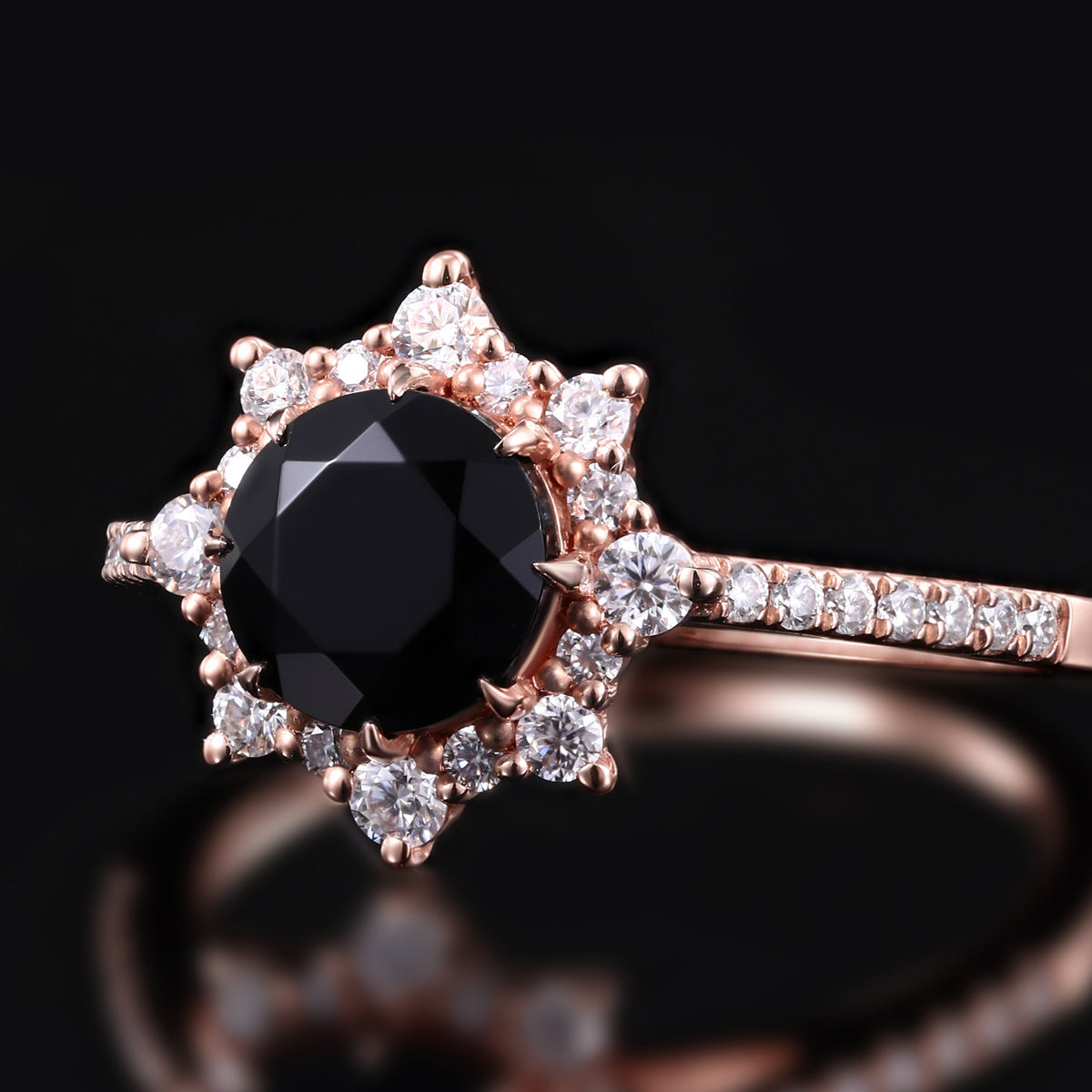 Round Cut Black Moissanite Crown Halo Ring