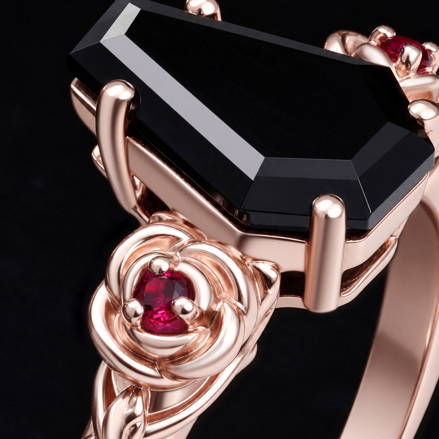Coffin Cut Black Moissanite Gothic Rose Ring With Ruby Accents