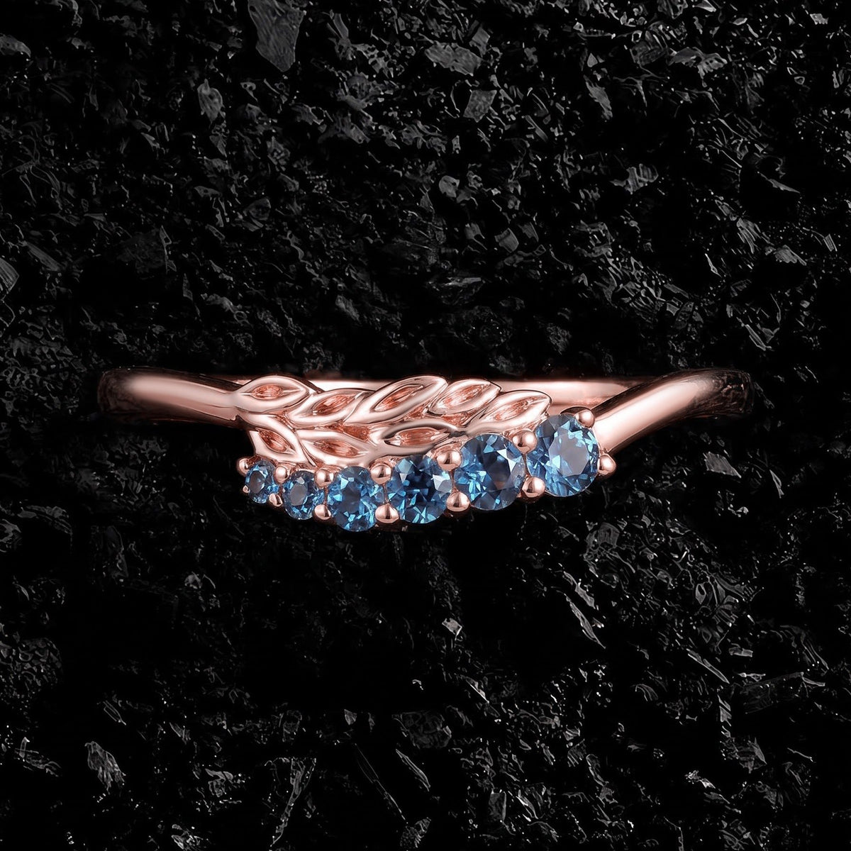 Round Cut Lab Alexandrite Laurel Branch Nature Inspired Curved Ring