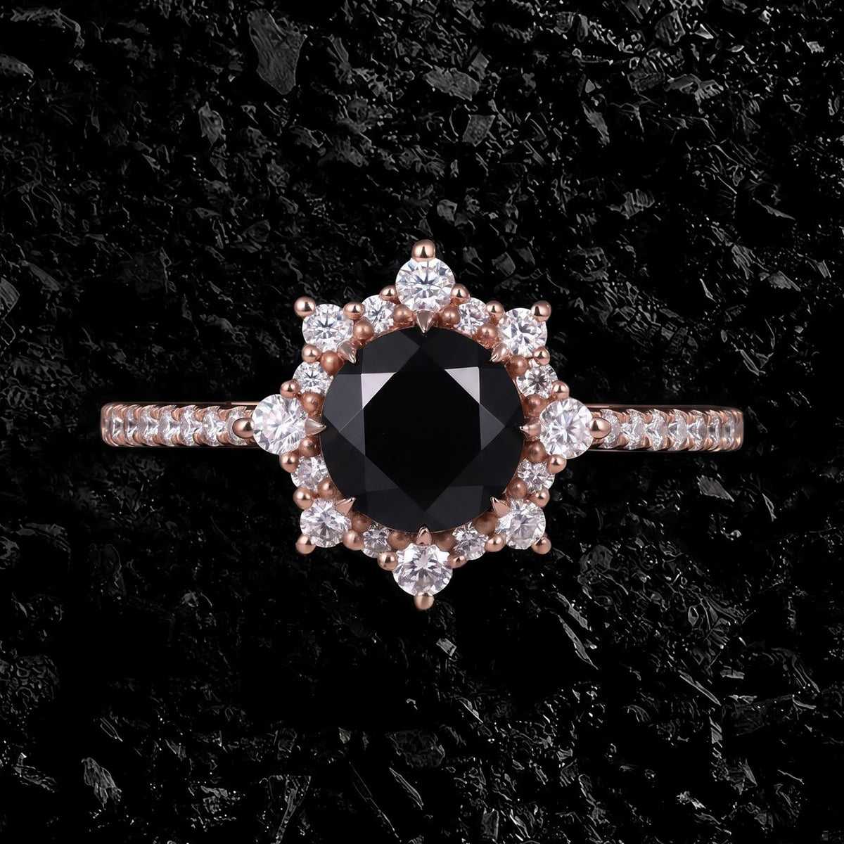 Round Cut Black Moissanite Crown Halo Ring