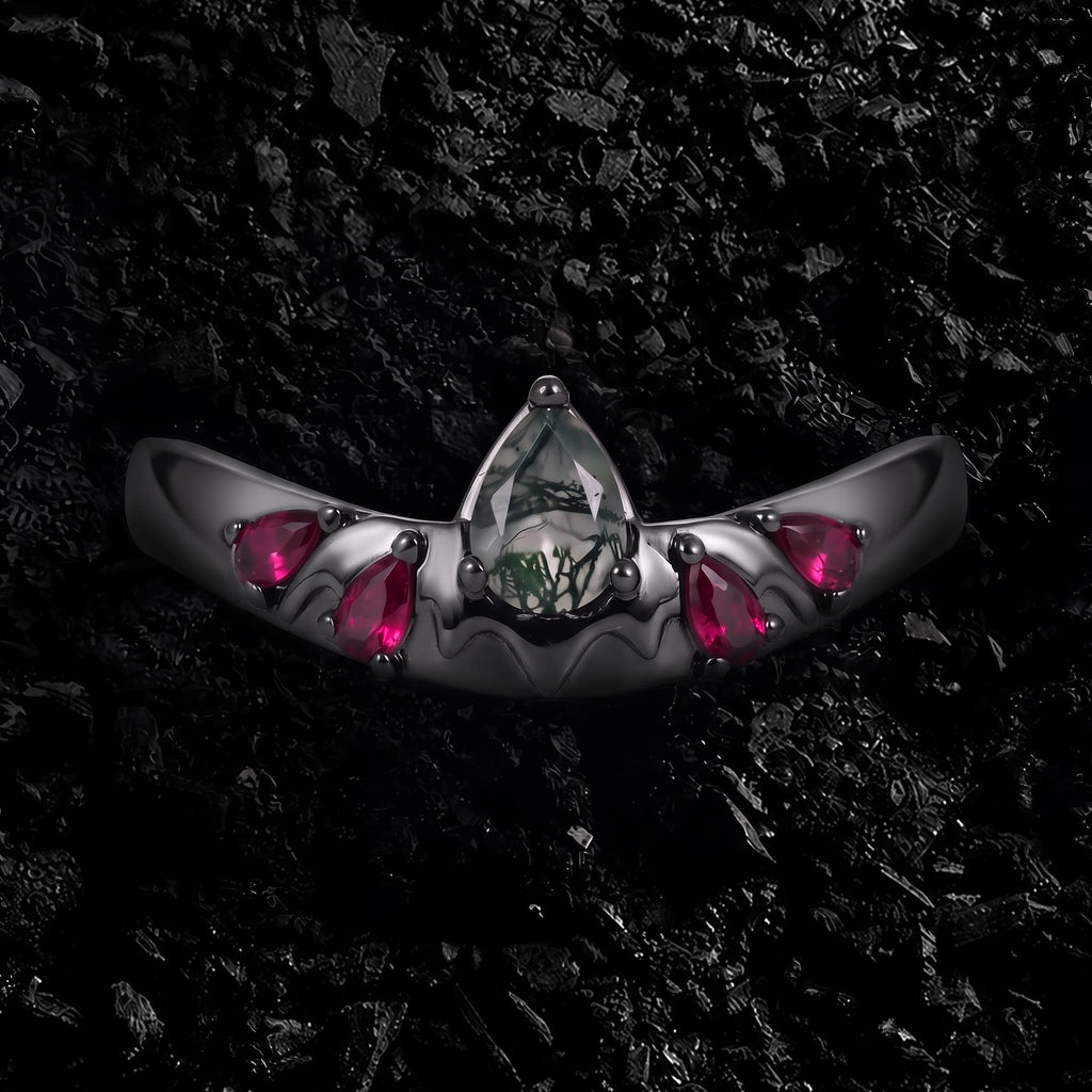 Pear Cut Moss Agate Bat Wing Gothic Band Ring with Ruby Accents