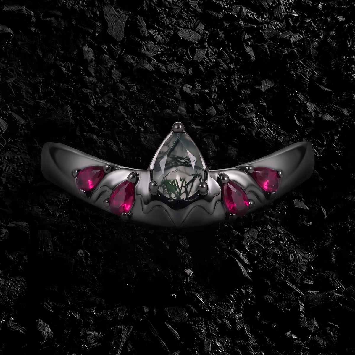Pear Cut Moss Agate Bat Wing Gothic Band Ring with Ruby Accents