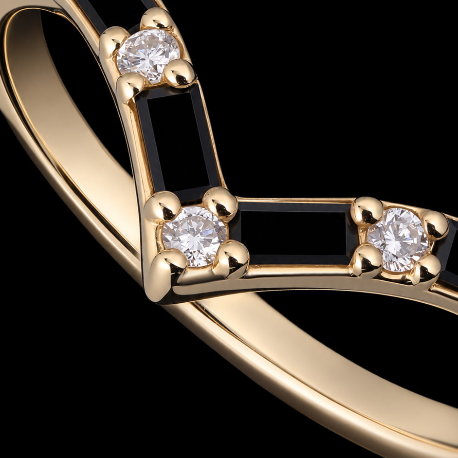 Baguette Cut Black Moissanite Chevron Curved Band with Lab Diamond Accents