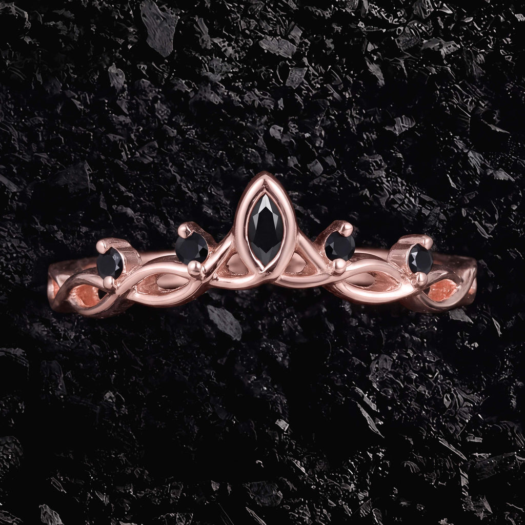 Marquise Cut Black Moissanite Celtic Vine Crown Ring