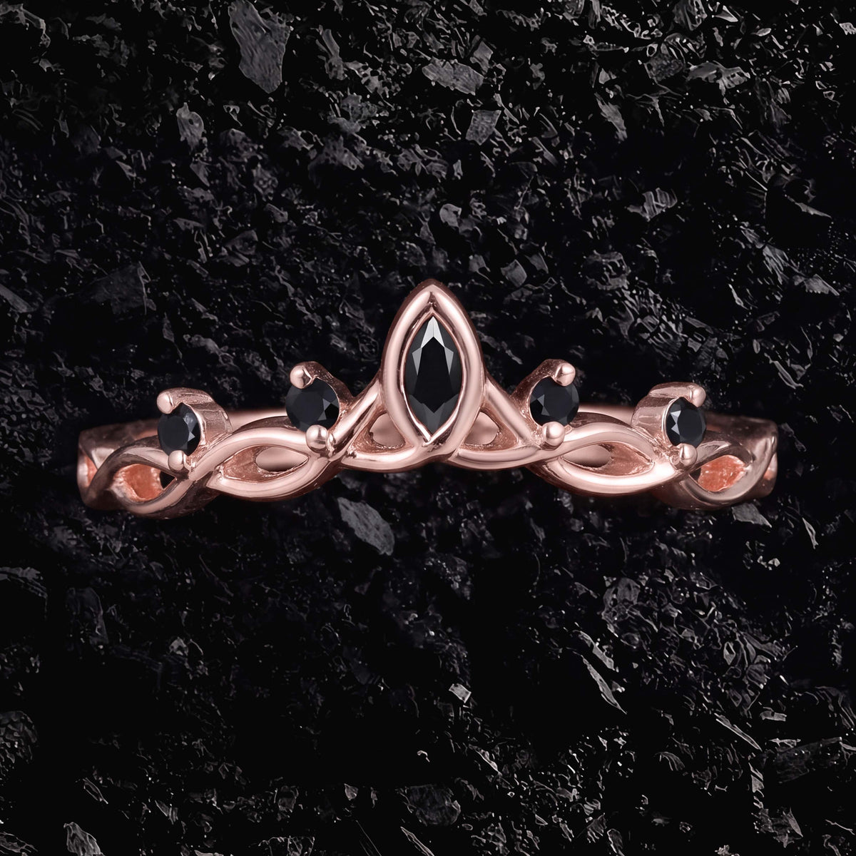 Marquise Cut Black Moissanite Celtic Vine Crown Ring