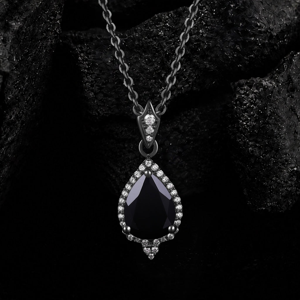 Pear Cut Black Diamond Halo Gothic Pendant Necklace
