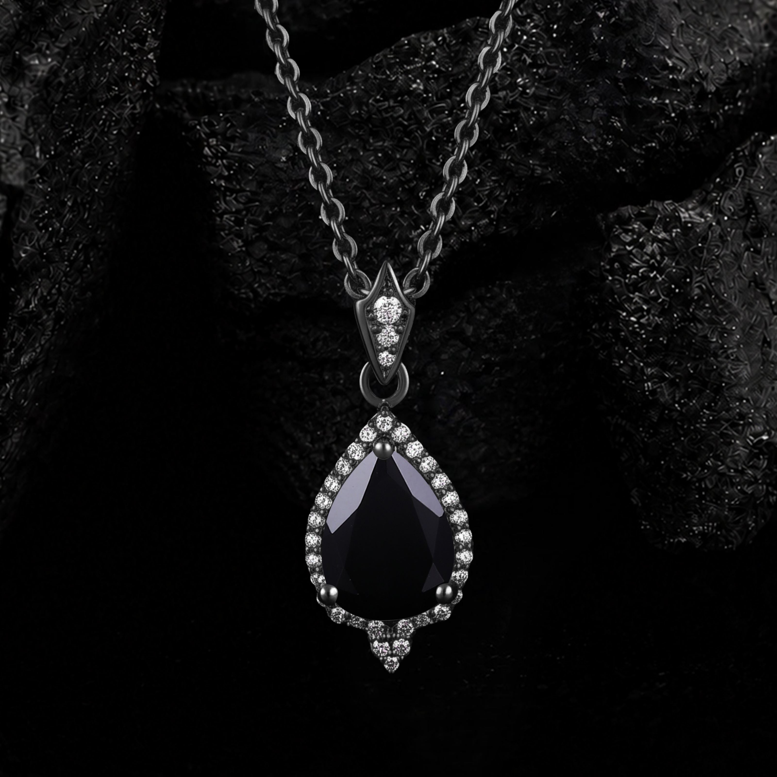 Pear Cut Black Diamond Halo Gothic Pendant Necklace
