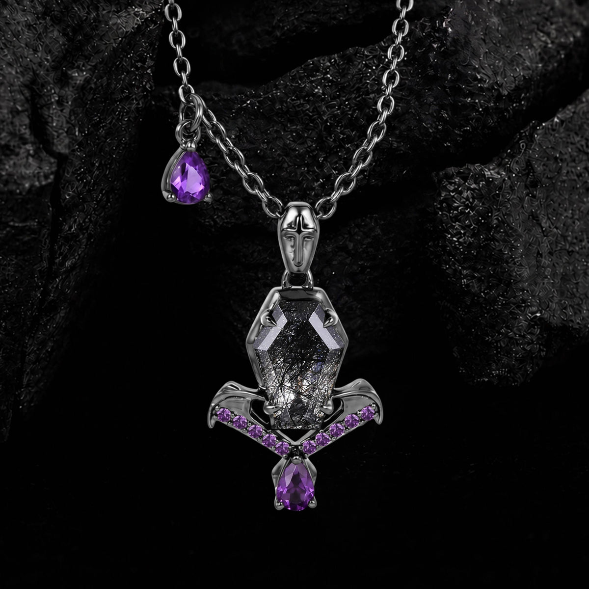 Coffin Cut Black Rutilated Quartz Sacred Cross Gothic Pendant Necklace