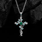 Princess Cut Lab Emerald Vine Cross Gothic Pendant Necklace