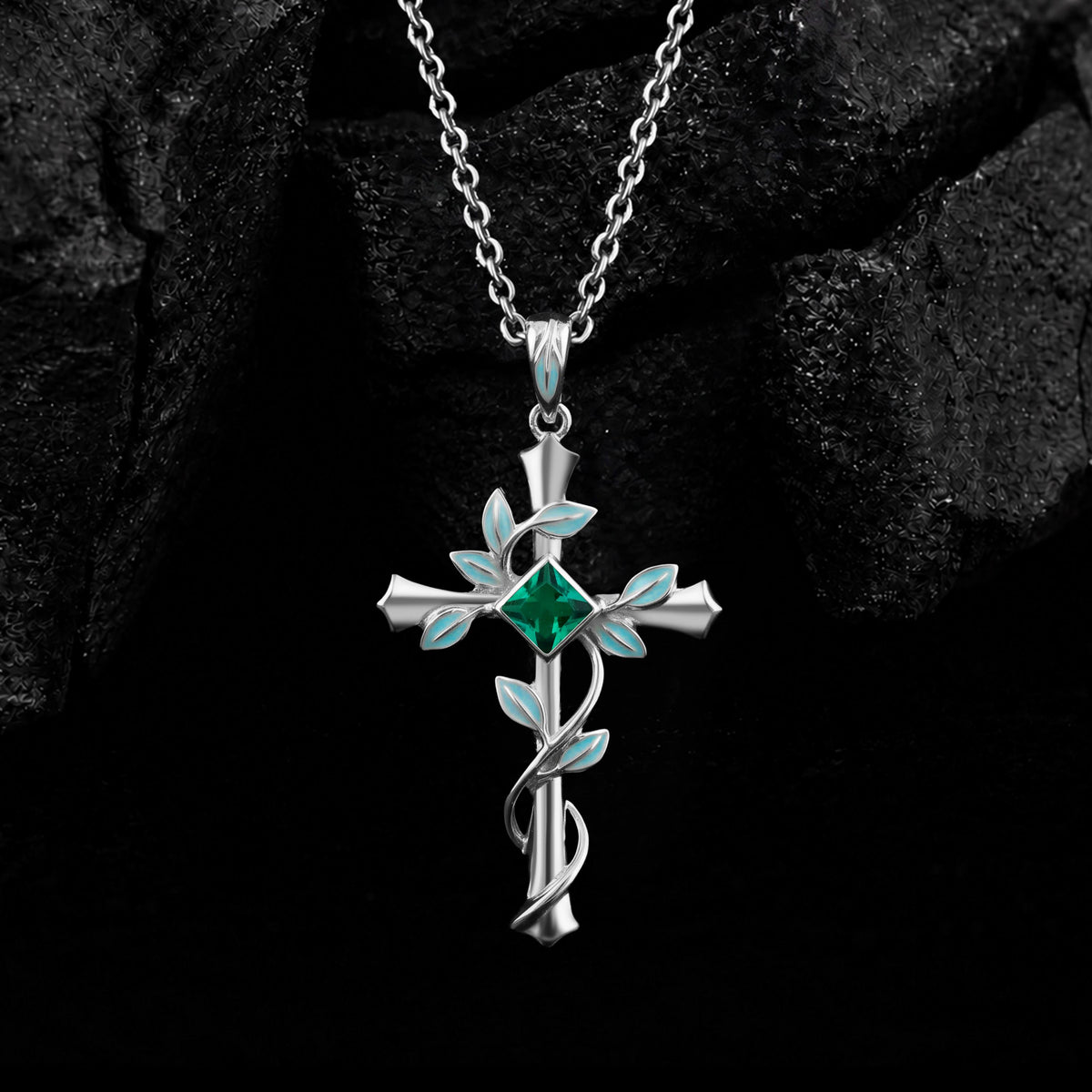 Princess Cut Lab Emerald Vine Cross Gothic Pendant Necklace