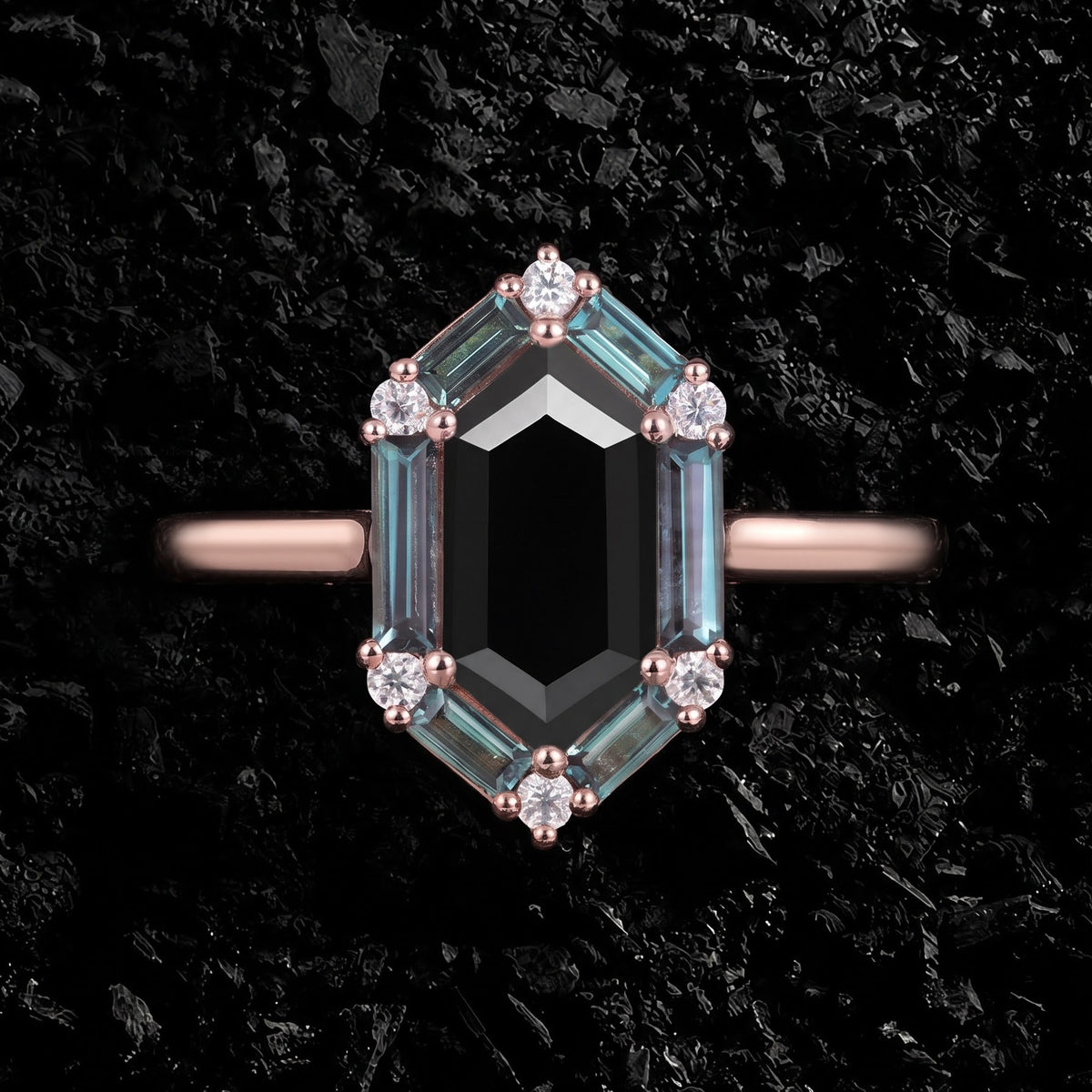 Long Hexagon Cut Black Moissanite Ring With Lab Alexandrite Halo