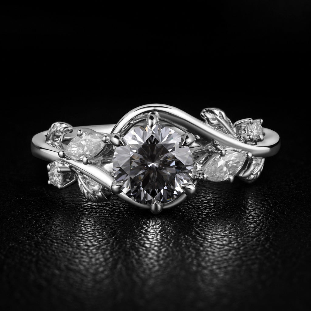 Round Cut Gray Moissanite Bypass Nature Inspired Ring