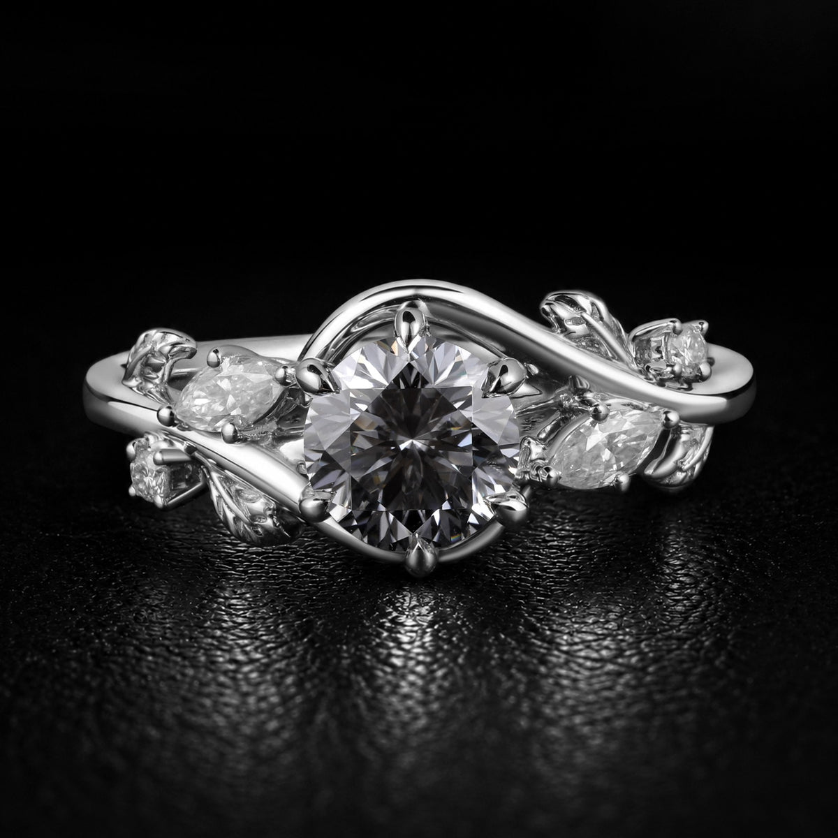 Round Cut Gray Moissanite Bypass Nature Inspired Ring