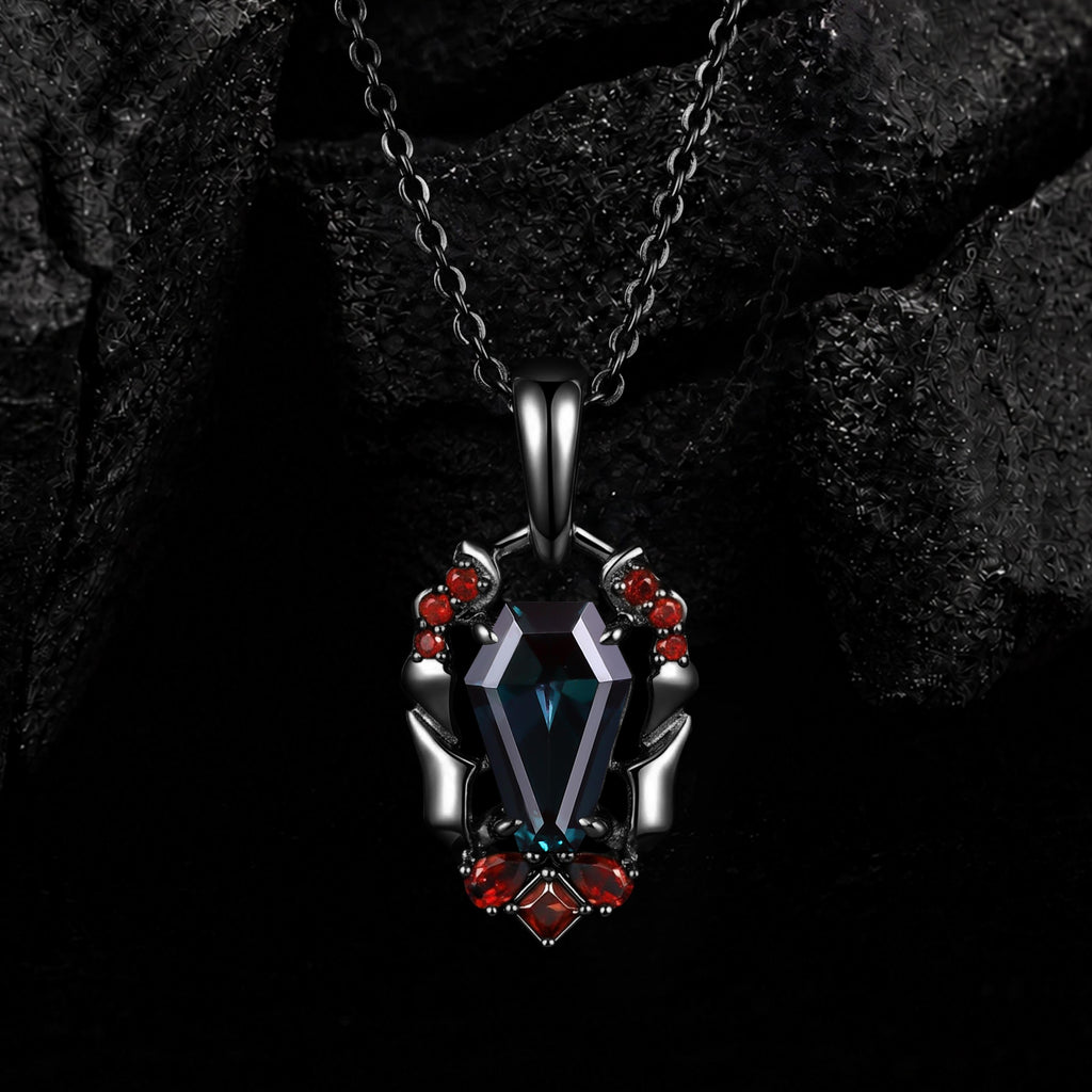 Coffin Cut Lab Alexandrite Vampire Relic Gothic Pendant Necklace with Garnet Accents