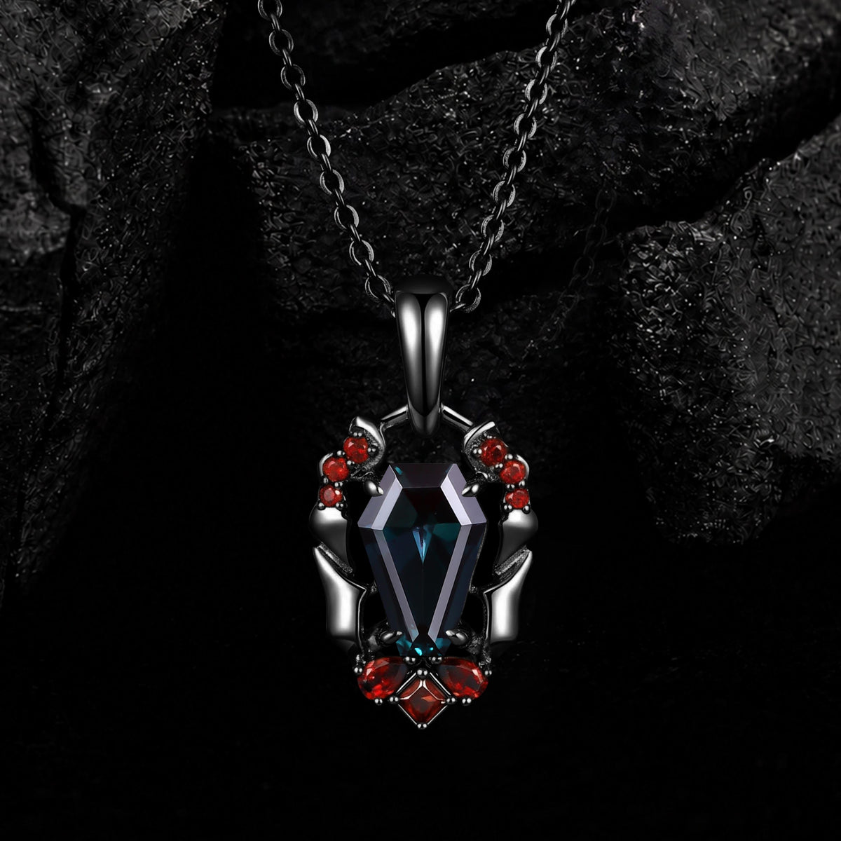 Coffin Cut Lab Alexandrite Vampire Relic Gothic Pendant Necklace with Garnet Accents