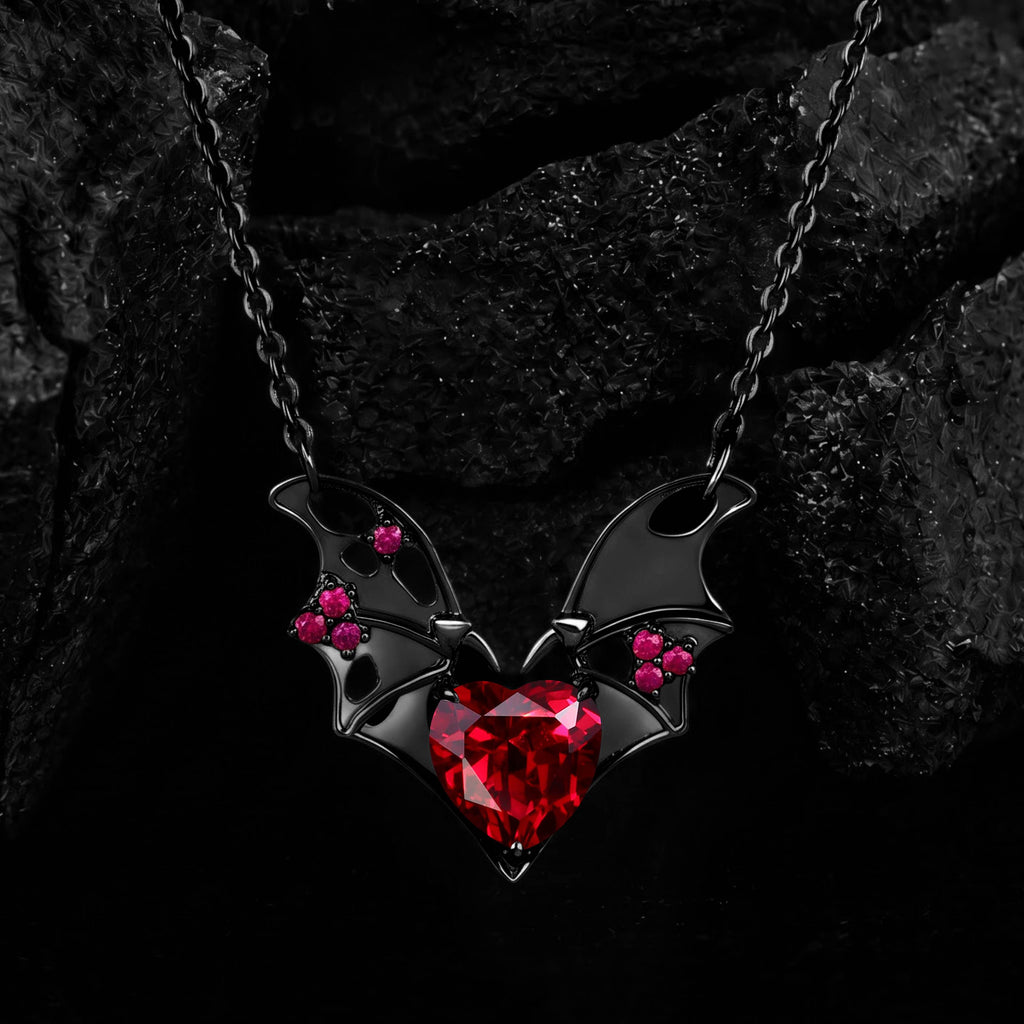 Heart Cut Lab Ruby Fallen Wings Gothic Necklace