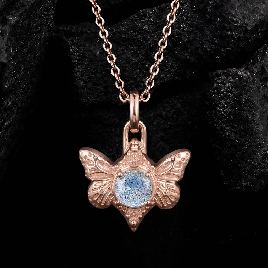 Round Cut Labradorite Vintage Butterfly Pendant Necklace