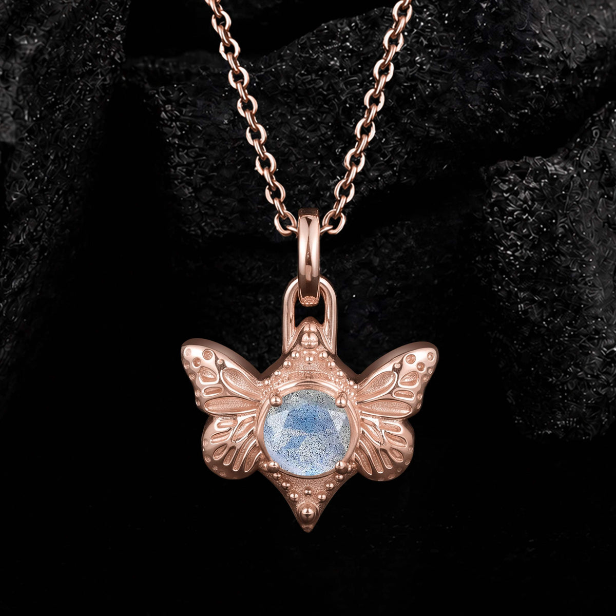 Round Cut Labradorite Vintage Butterfly Pendant Necklace