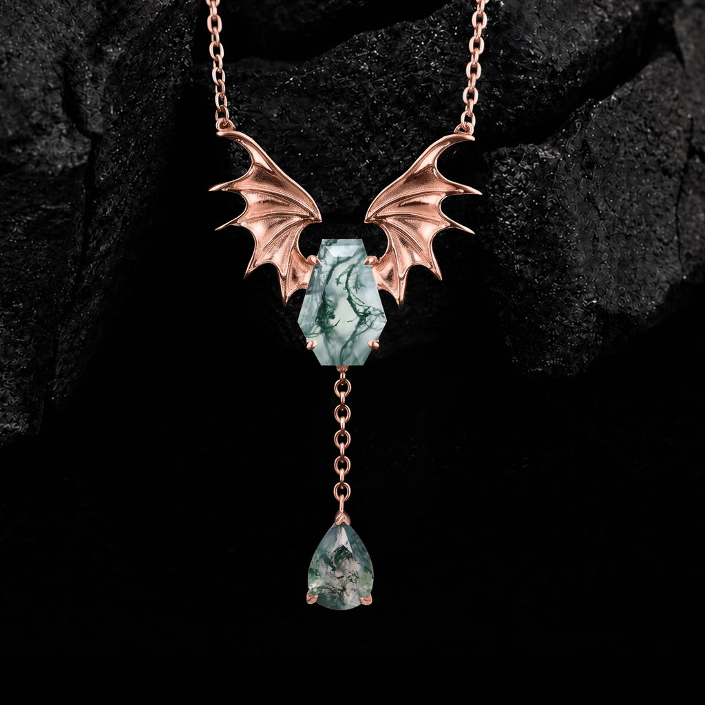 Coffin Cut Moss Agate Nightwing Gothic Y Necklace