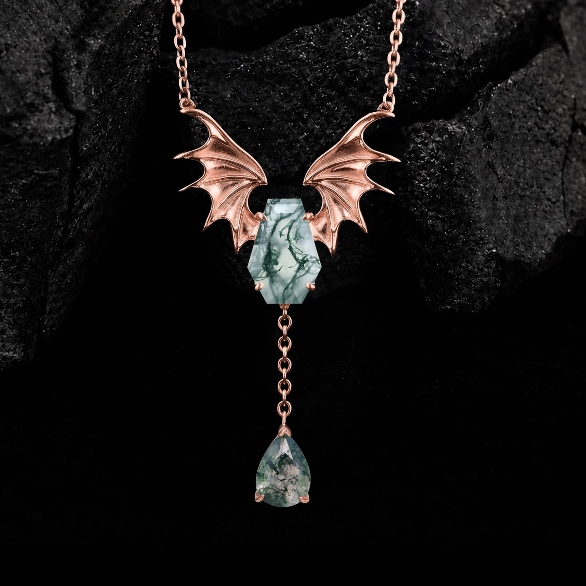 Coffin Cut Moss Agate Nightwing Gothic Y Necklace