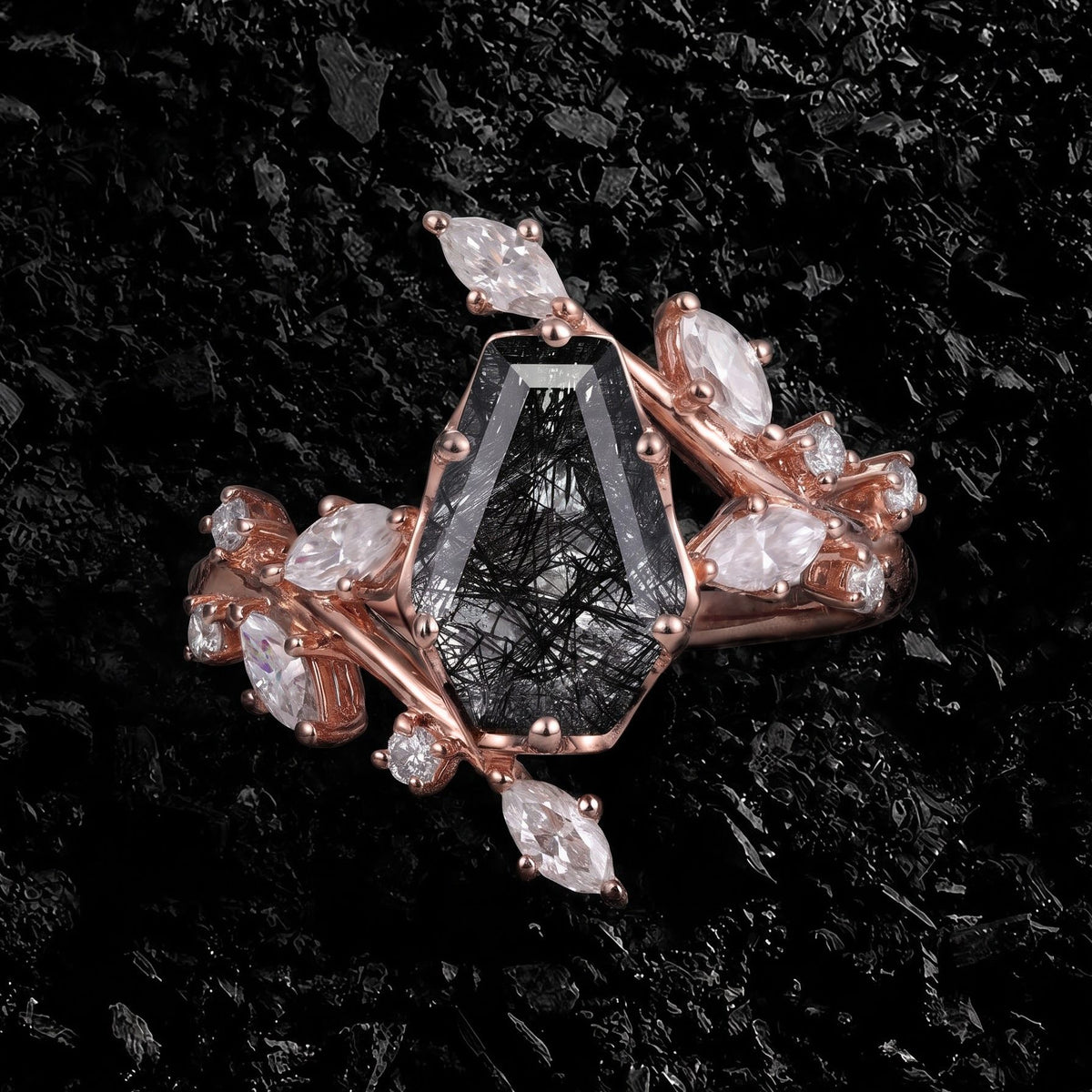 Coffin Cut Black Rutilated Quartz Bypass Shank Nature Inspired Ring