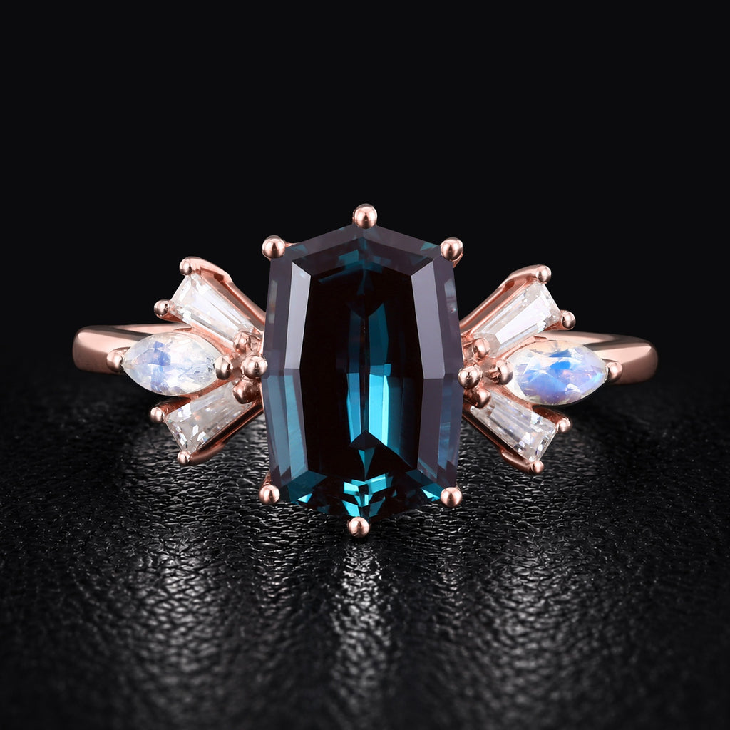 Elongated Octagon Cut Lab Alexandrite Multi Shape Cluster Ring