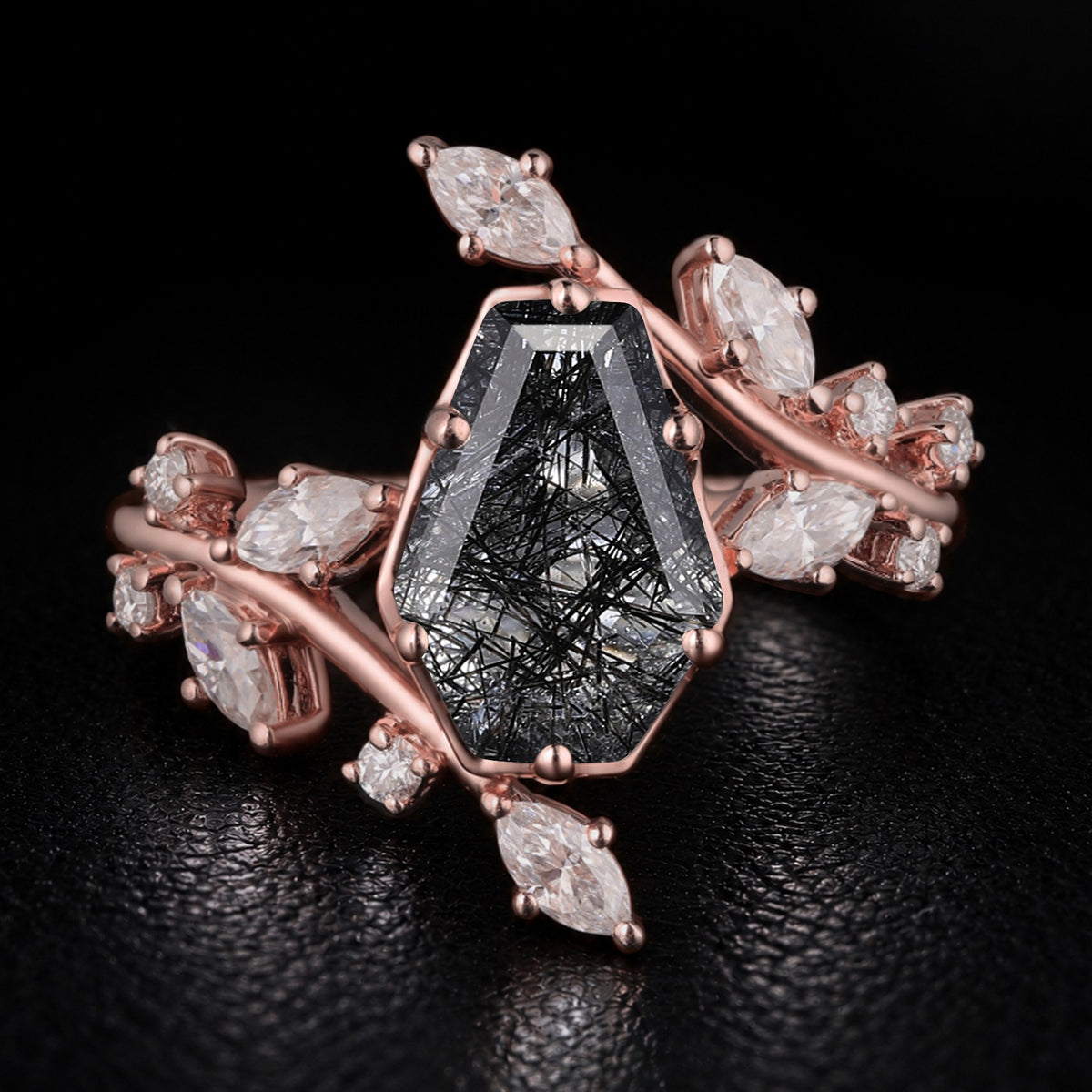 Coffin Cut Black Rutilated Quartz Bypass Shank Nature Inspired Ring
