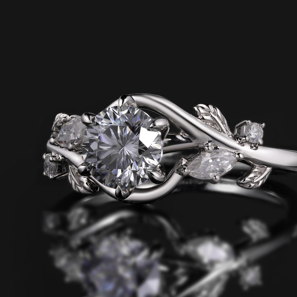 Round Cut Gray Moissanite Bypass Nature Inspired Ring