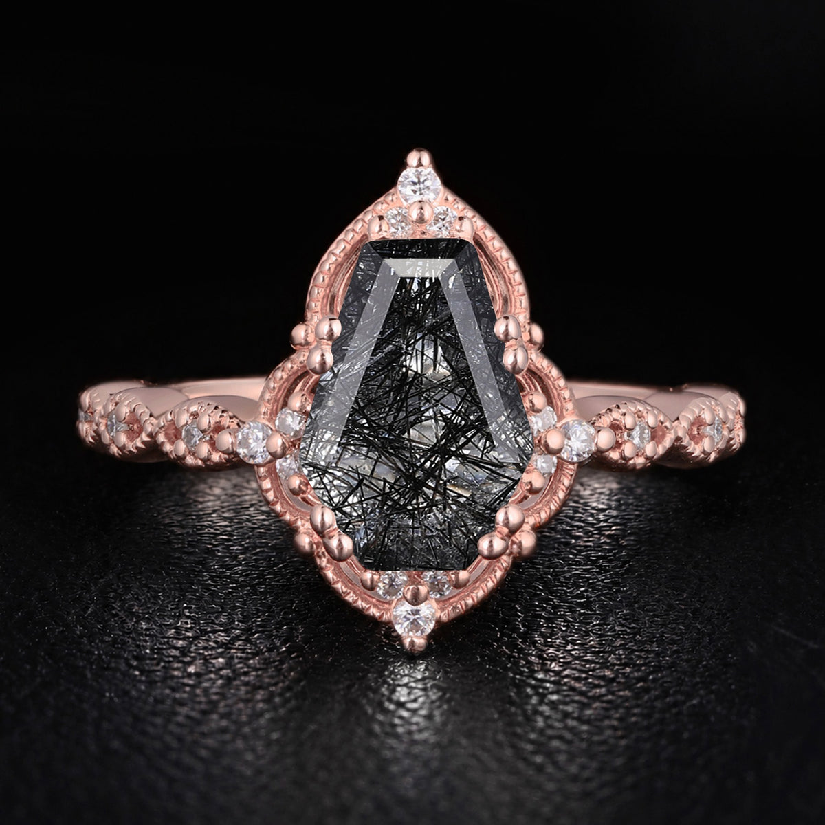 Coffin Cut Black Rutilated Quartz Milgrain Vintage Ring