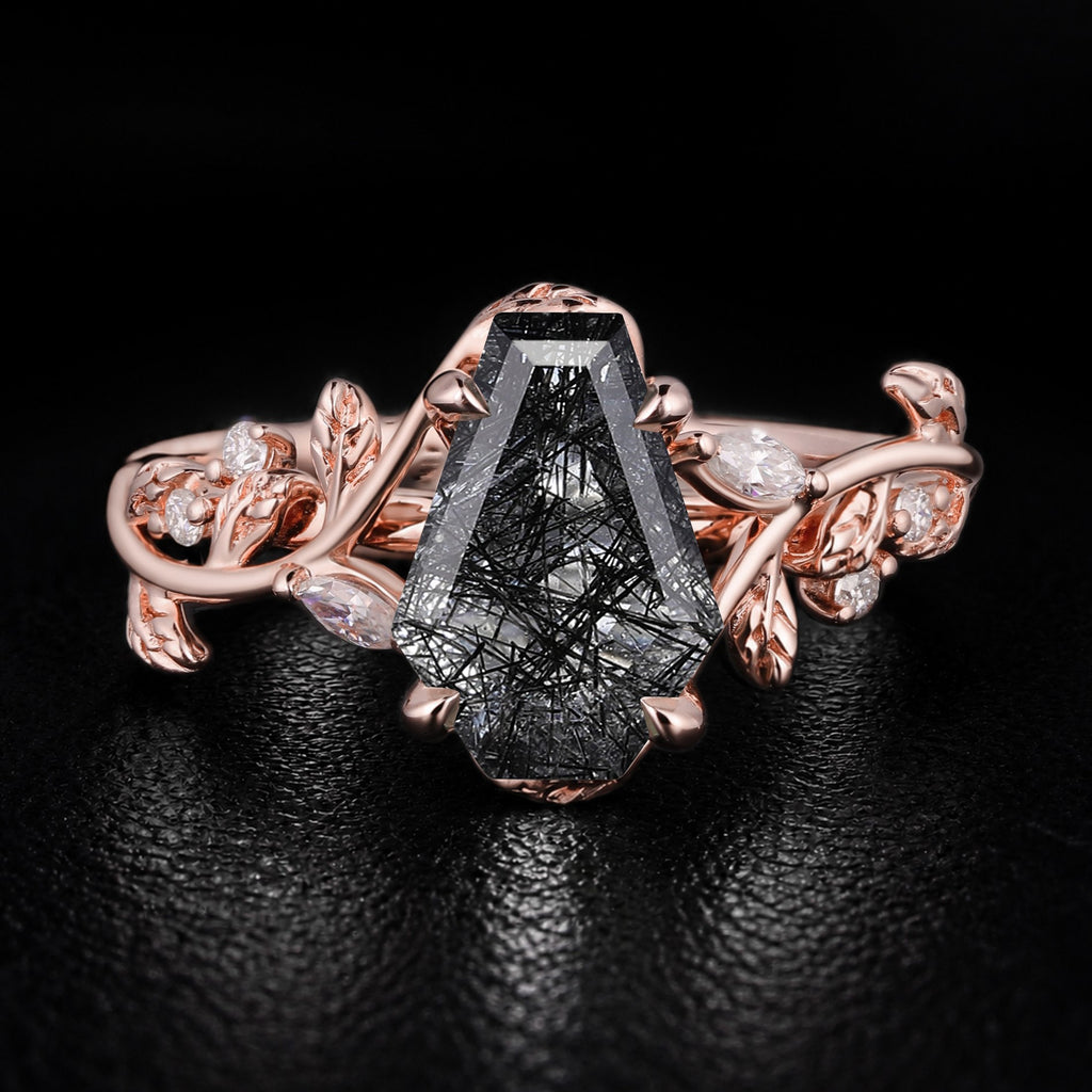 Coffin Cut Black Rutilated Quartz Nature Inspired LeafLace Ring
