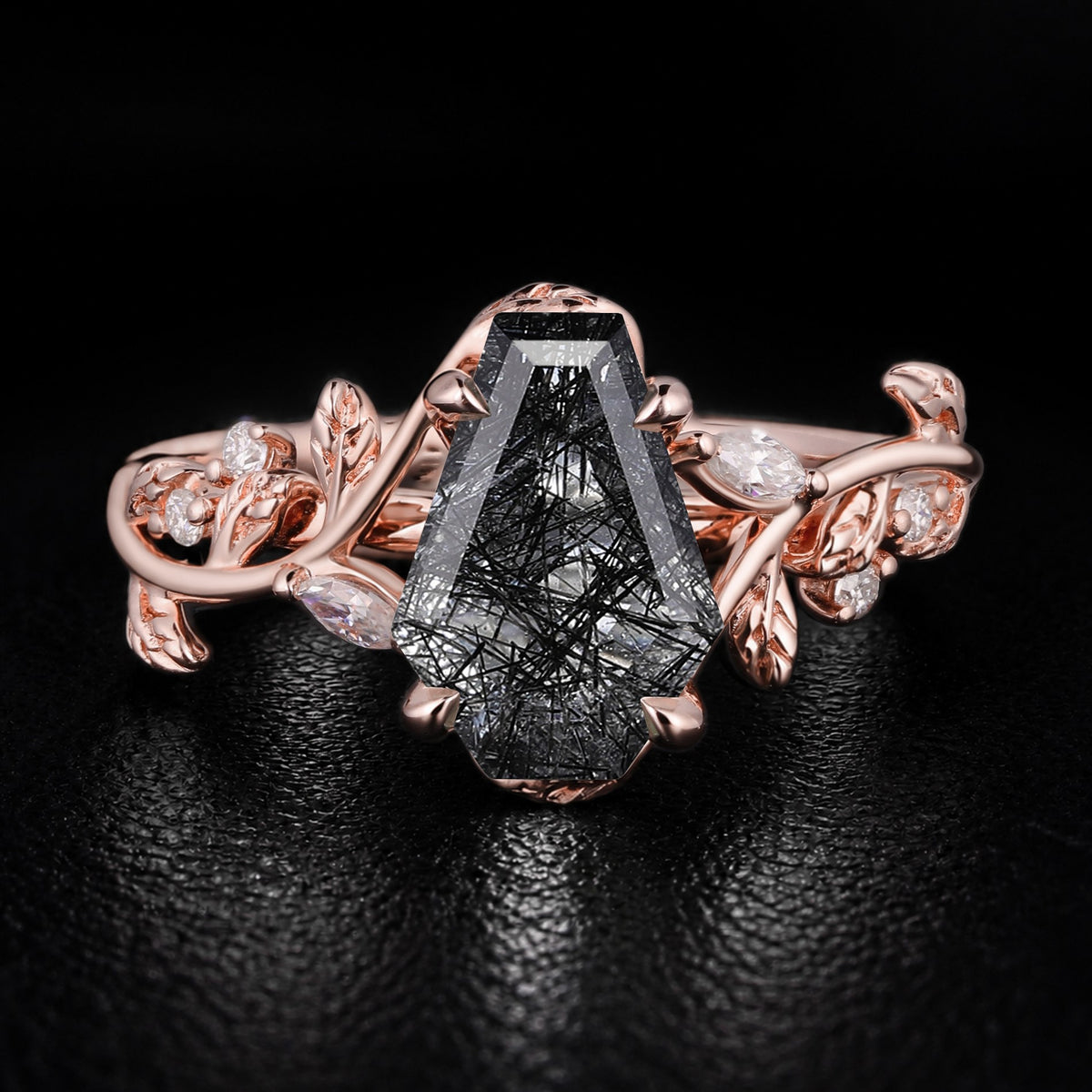 Coffin Cut Black Rutilated Quartz Nature Inspired LeafLace Ring