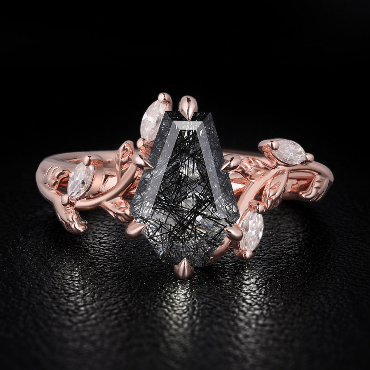 Coffin Cut Black Rutilated Quartz Vine Branch Ring