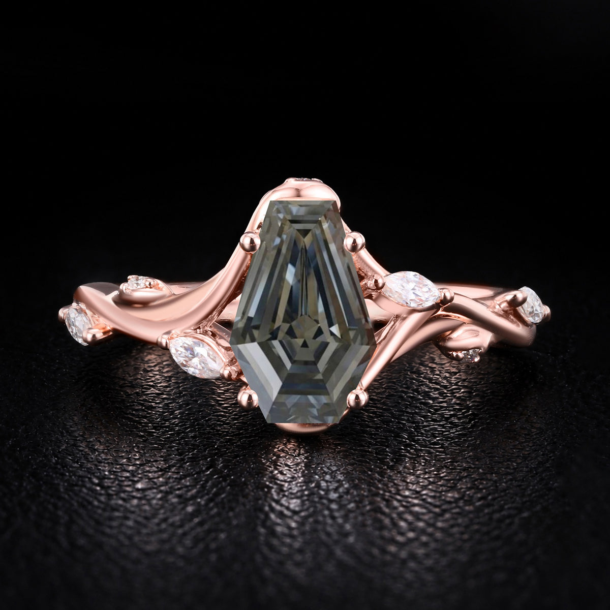 Coffin Cut Gray Moissanite Vine Bypass Shank Ring