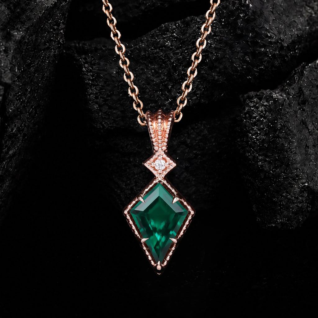 Kite Cut Lab Emerald Vintage Geometric Pendant Necklace