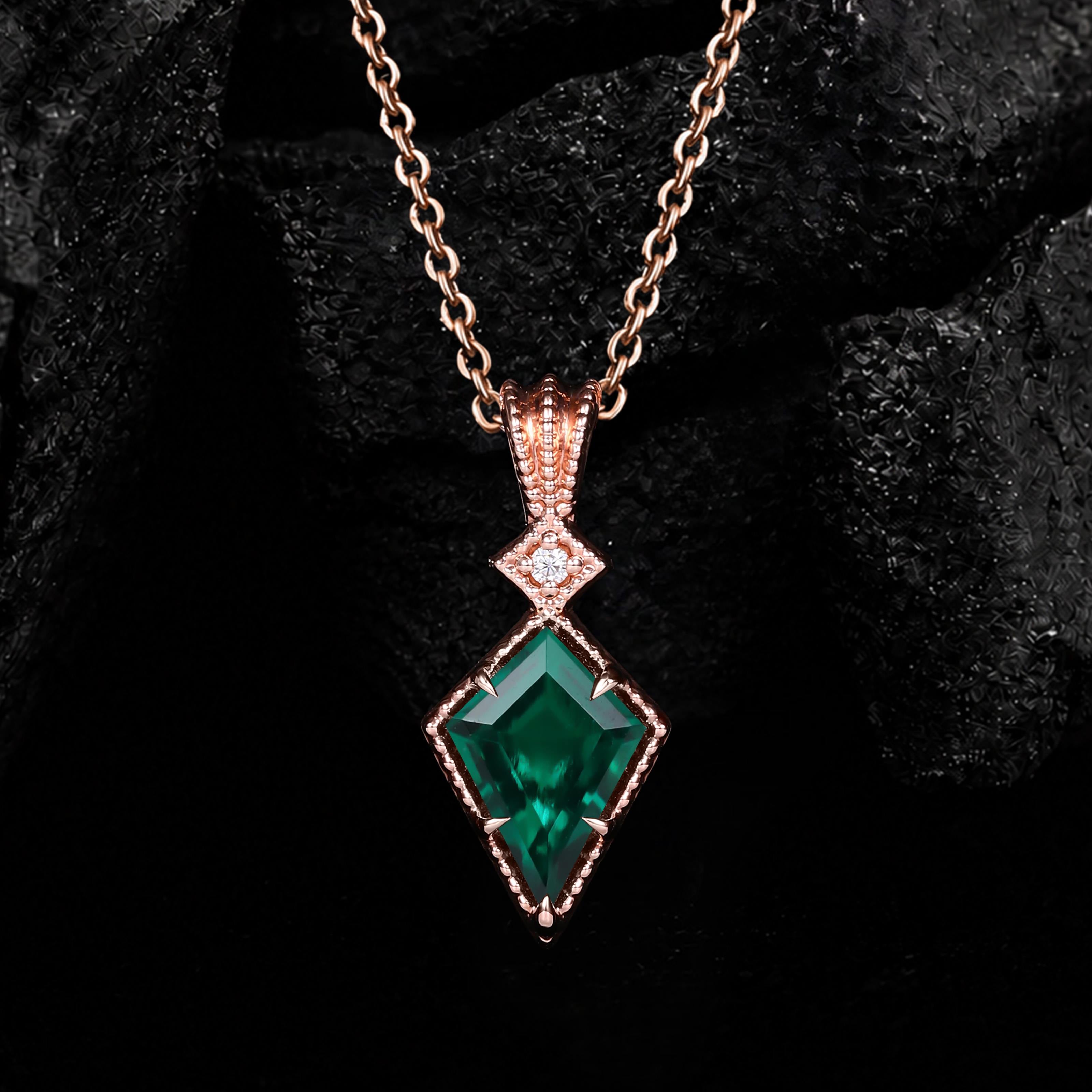Kite Cut Lab Emerald Vintage Geometric Pendant Necklace
