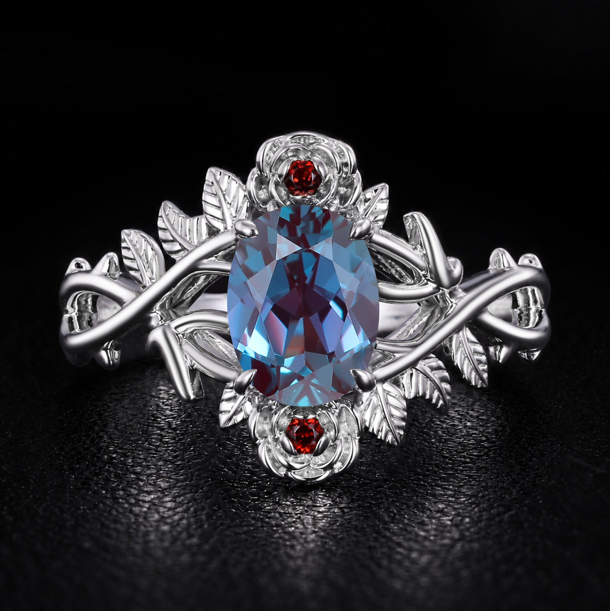 Oval Cut Lab Alexandrite Thorned Rose Nature Inspired Ring