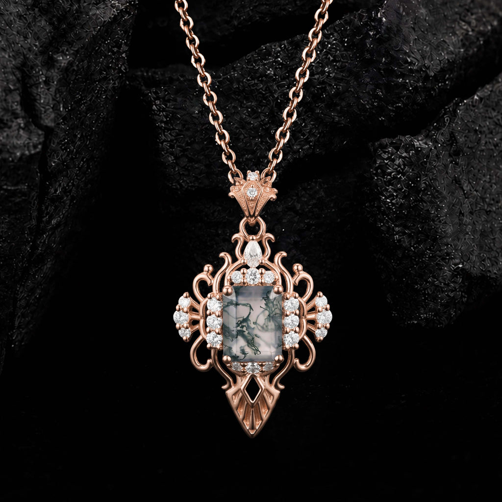 Emerald Cut Moss Agate Sacred Relic Gothic Pendant Necklace