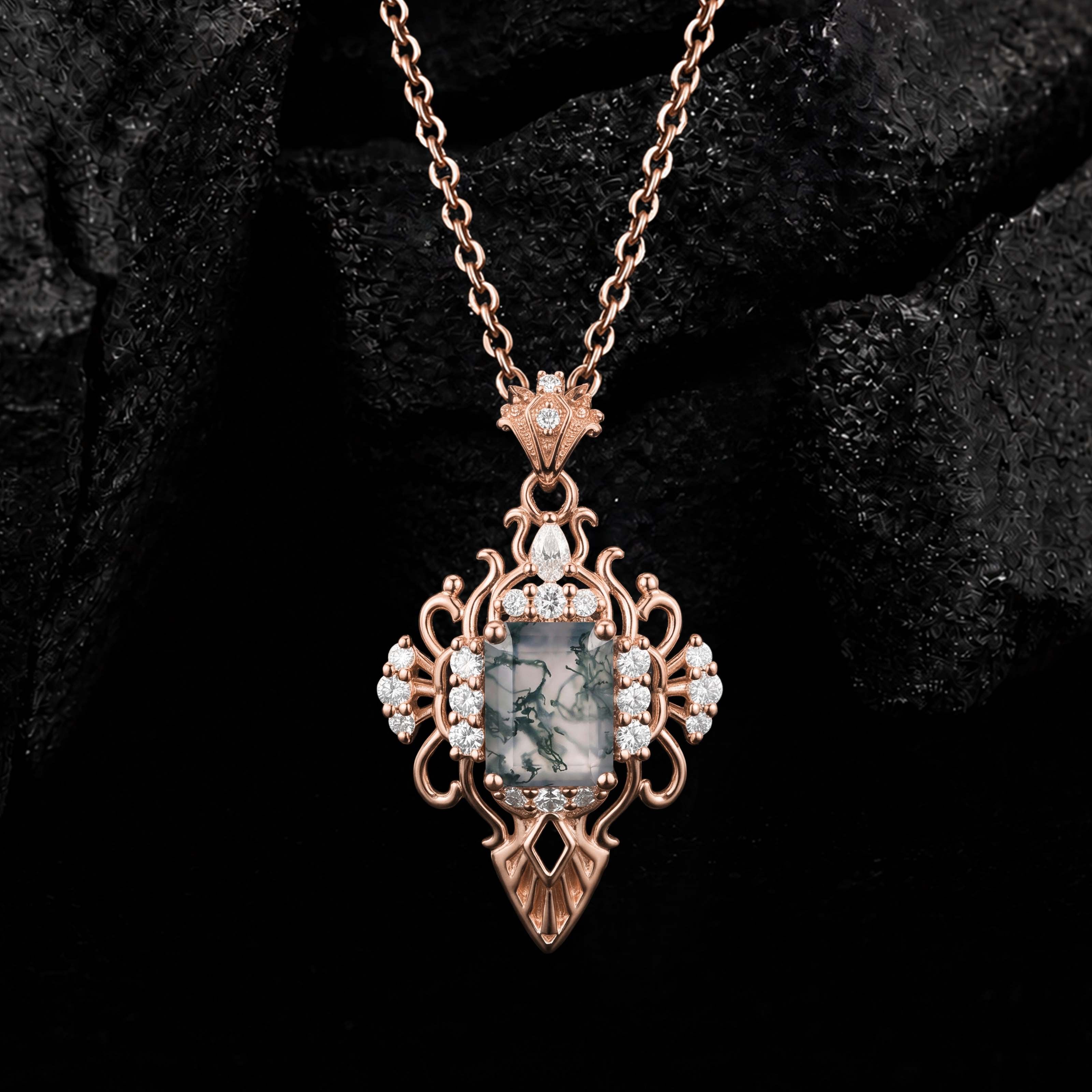 Emerald Cut Moss Agate Sacred Relic Gothic Pendant Necklace